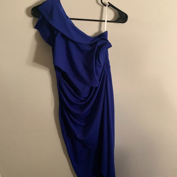 Gentle Warm Royal Blue Size L (US 12/14) One Shoulder Ruched Asymmetrical Midi - Picture 3 of 5